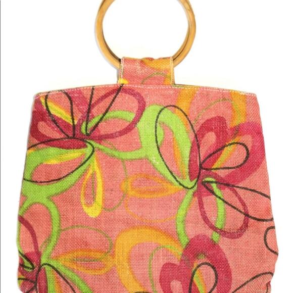 TWO LOOPS Pink Floral Jute Tote Bag w/ Round Wooden Handles - Picture 1 of 6